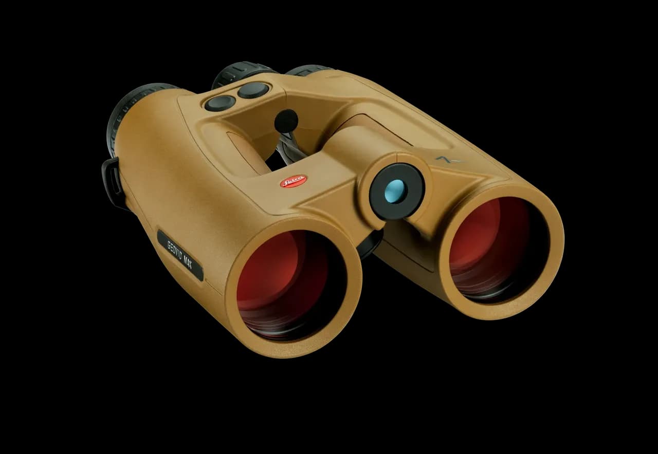 Leica Geovid MAX 10×42 binoculars in Flat Dark Earth, angled front view.