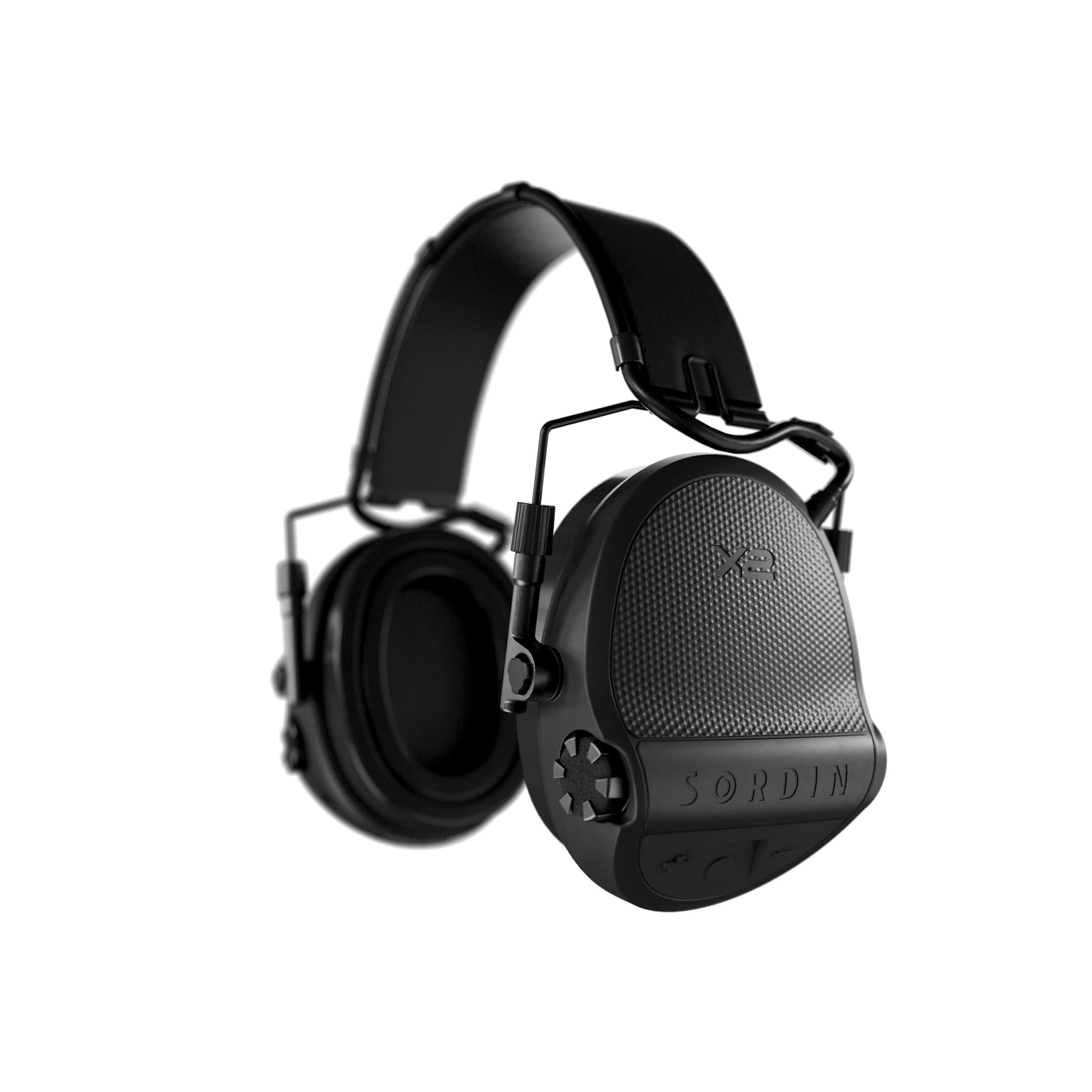 Sordin Supreme X2 electronic earmuffs, black leather headband with gel cushions, left side view